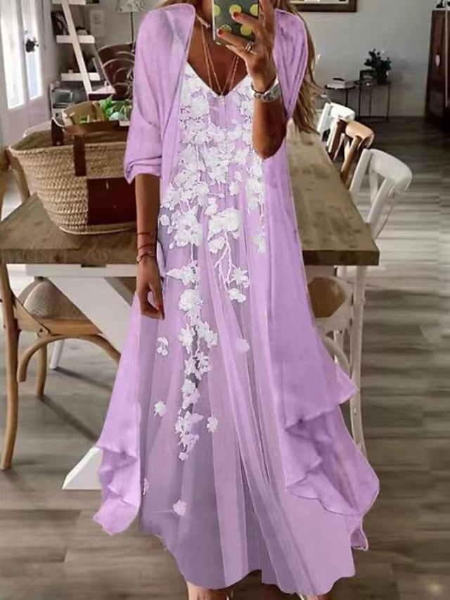 CityHottie - Women's Casual Dress Dress Set Two Piece Dress Long Dress Maxi Dress Purple Brown Green Half Sleeve Flower Print Summer Spring V Neck Fashion Vacation 2024 S M L XL XXL 3XL