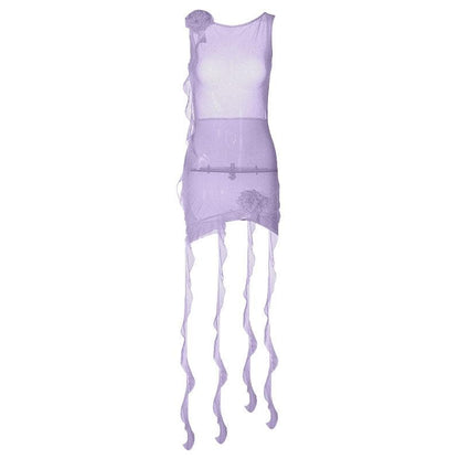 Sheer mesh see through solid ruffle flower applique sleeveless mini dress