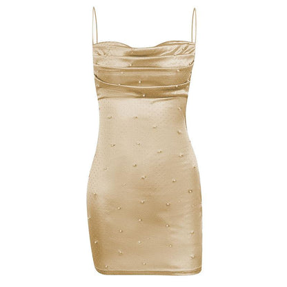 Sleeveless solid backless cowl neck beaded cami dress