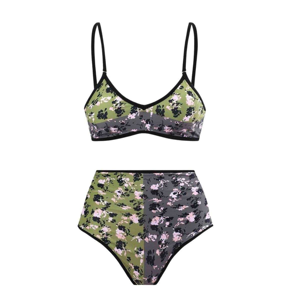 Flower print contrast v neck 2-way cami 3 piece swimwear