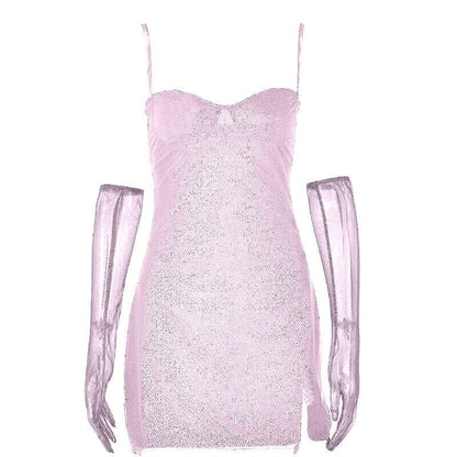 Textured mesh gloves sweetheart neck zip-up slit cami mini dress