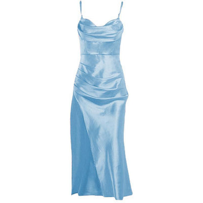 Sleeveless solid satin cowl neck slit backless zip-up cami dress