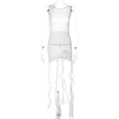 Sheer mesh see through solid ruffle flower applique sleeveless mini dress