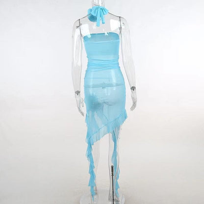 Solid slit sheer mesh see through flower applique mini dress
