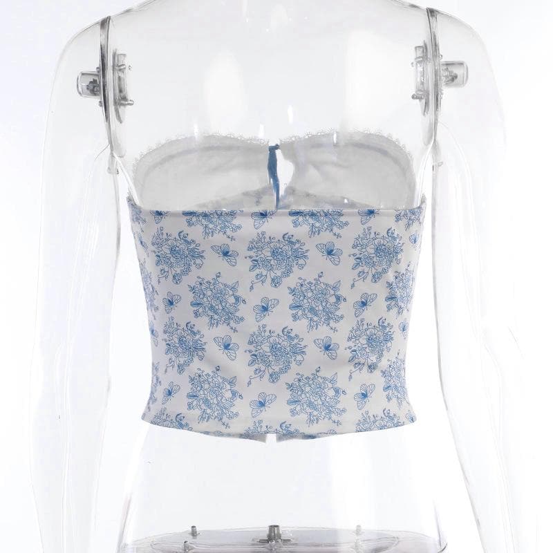 Backless lace hem button flower print stitch tube top