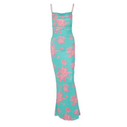 Flower print self tie cowl neck backless cami maxi dress