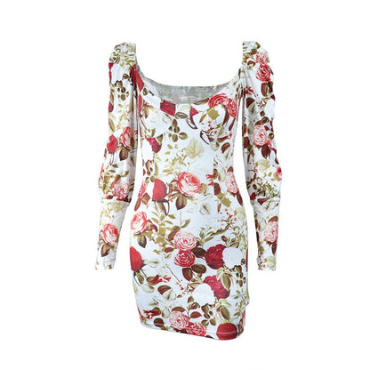 Square neck long sleeve contrast flowers print mini dress