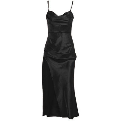 Sleeveless solid satin cowl neck slit backless zip-up cami dress