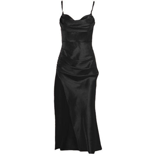 Sleeveless solid satin cowl neck slit backless zip-up cami dress