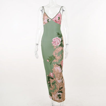 Flower print contrast v neck backless cami maxi dress