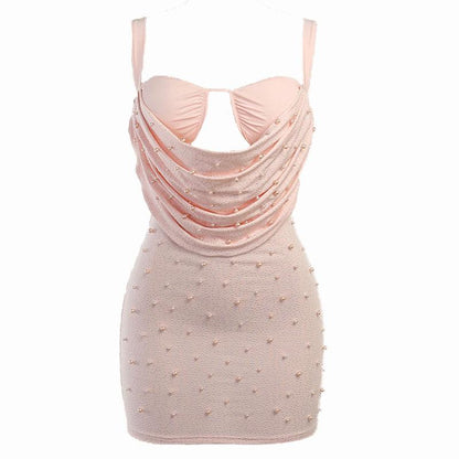 Sleeveless solid ruched beaded hollow out backless cowl neck cami dress