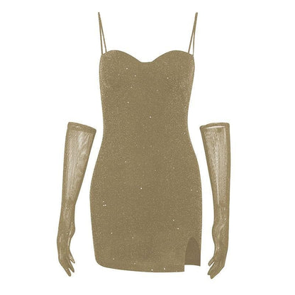 Gloves solid beaded slit sweetheart neck cami mini dress