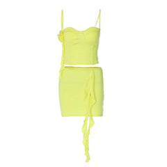 Flower applique solid ruffle ribbon cami mini skirt set