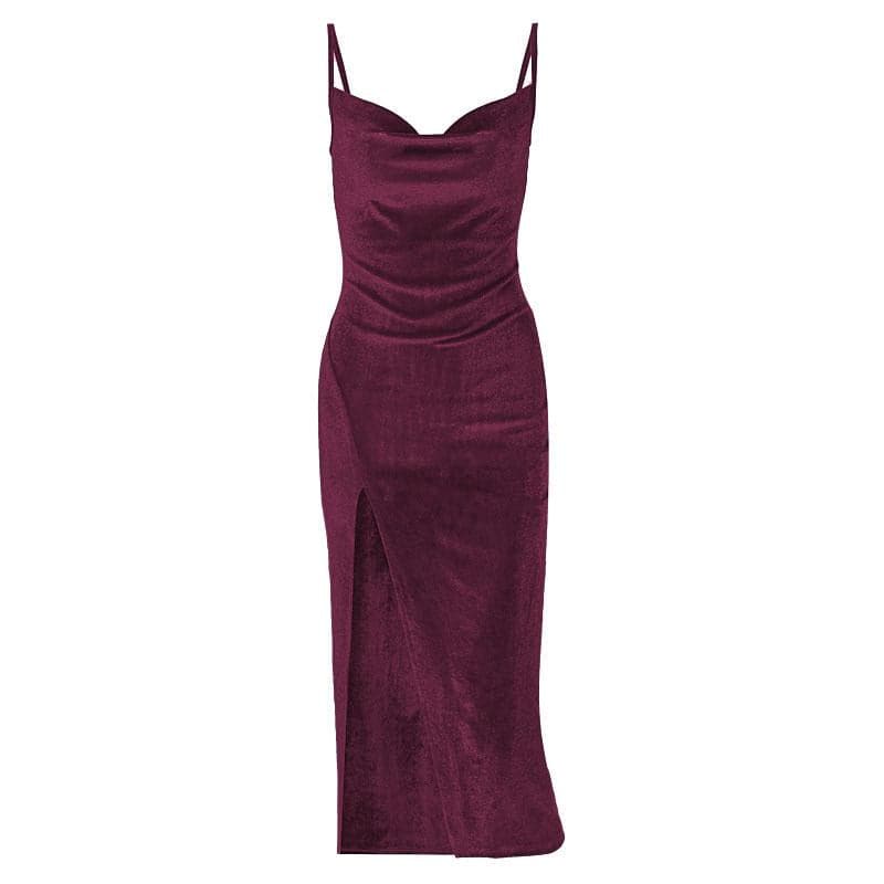 Sleeveless velvet slit cowl neck backless cami midi dress