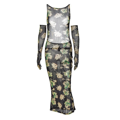 Sheer mesh sleeveless gloves backless flower pattern midi dress