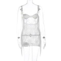 Tassels low cut see through lace solid backless cami mini dress