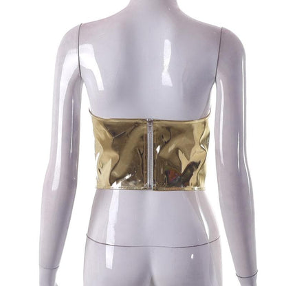 Metallic v neck zip-up low cut backless corset tube top