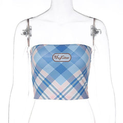 Embroidery contrast plaid backless tube top