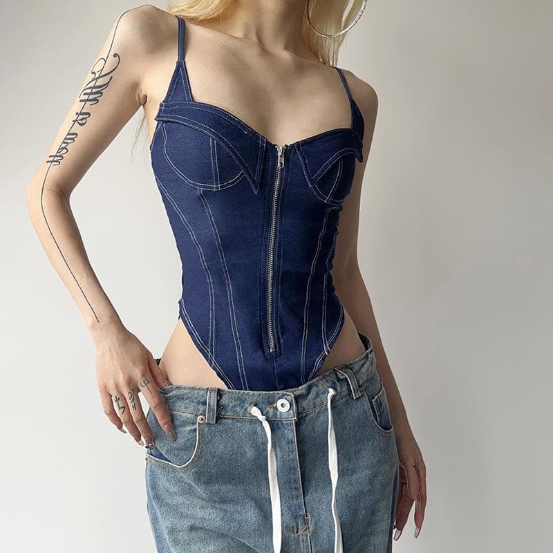 Denim zip-up backless v neck stitch cami bodysuit