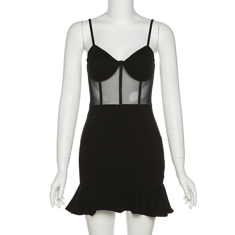 Ruffled ruched mesh see-through cami mini dress