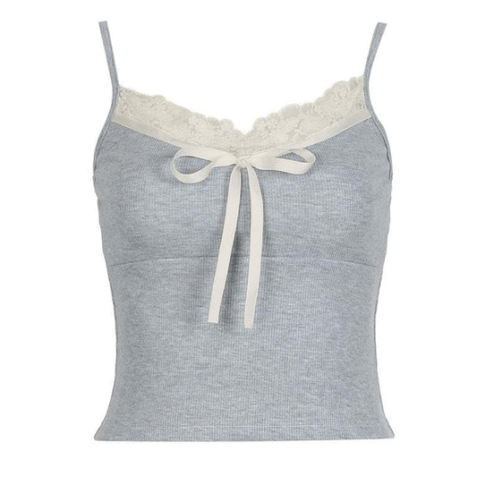 Lace hem contrast v neck bowknot cami top