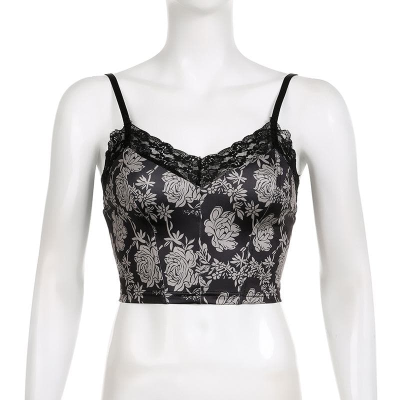 Flower print lace hem v neck contrast backless cami crop top