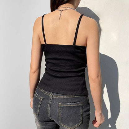 Ribbed solid lace hem v neck button backless cami top