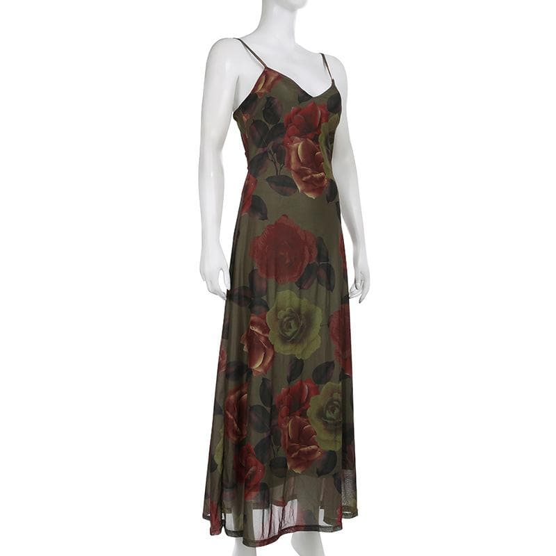 Flower print contrast v neck chiffon cami maxi dress - Final Sale