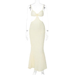 Solid hollow out waffle backless cami midi dress