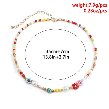 Beaded multicolor faux pearl flower clay choker necklace