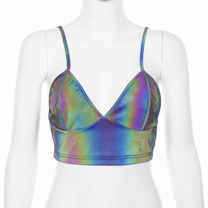 Laser metallic v neck backless cami crop top