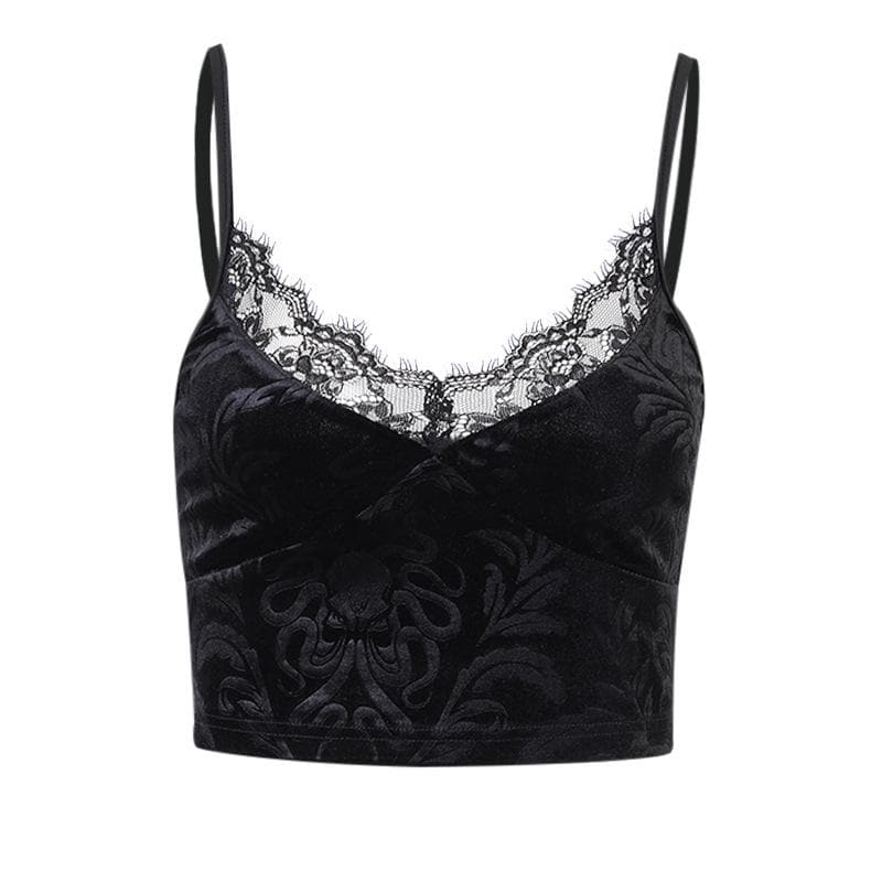 Velvet pattern eyelash lace v neck cami top