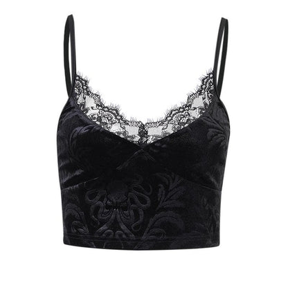 Velvet pattern eyelash lace v neck cami top