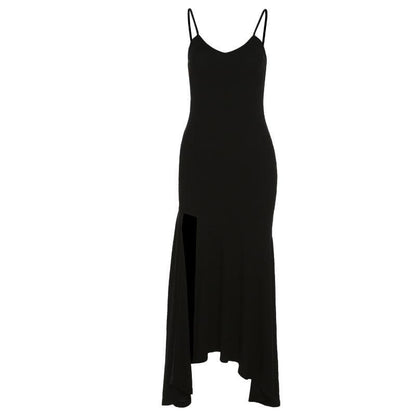 Slit v neck solid irregular ruched cami maxi dress