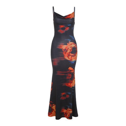 Cowl neck print cami maxi dress