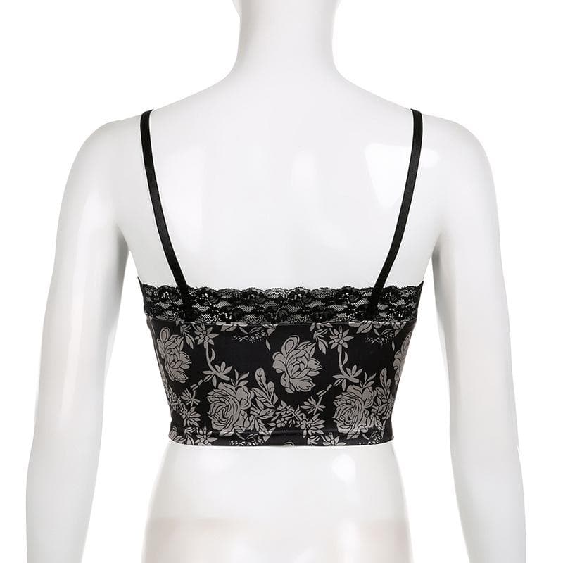 Flower print lace hem v neck contrast backless cami crop top