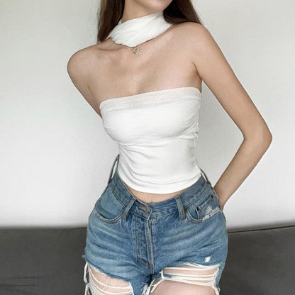 Sleeveless solid ruched button backless scarf tube top