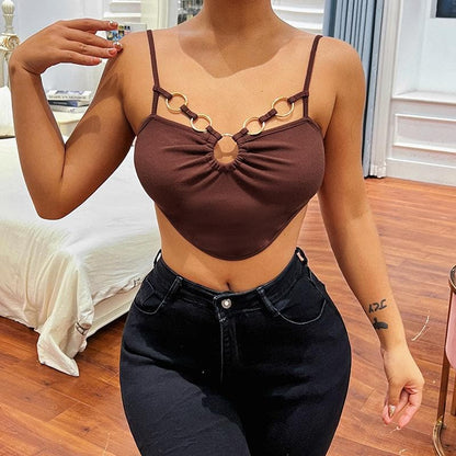 Hollow out solid o ring ruched backless cami crop top