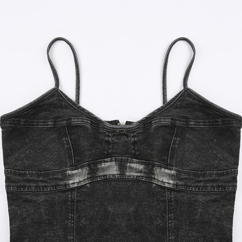 Denim v neck zip-up backless cami crop top - Final Sale