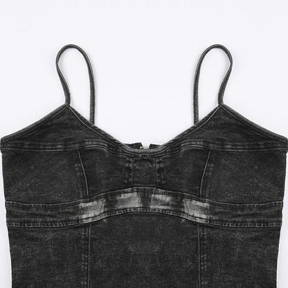 Denim v neck zip-up backless cami crop top - Final Sale