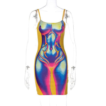 Contrast body print backless cami mini dress