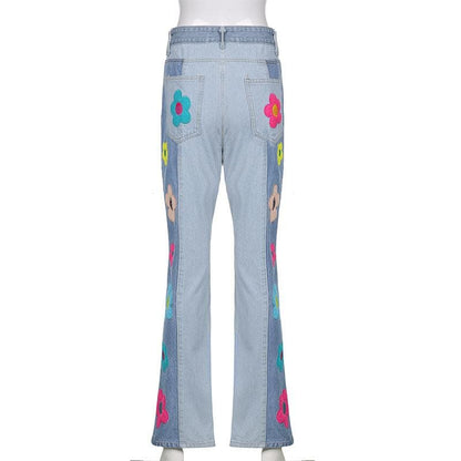 Flower embroidery patchwork contrast medium rise flared jeans - Final Sale