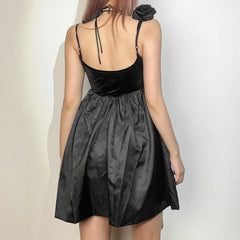 Solid notch neck flower applique ruched backless mini dress