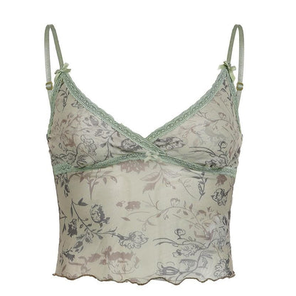 Sheer mesh see through flower print v neck lace hem cami crop top