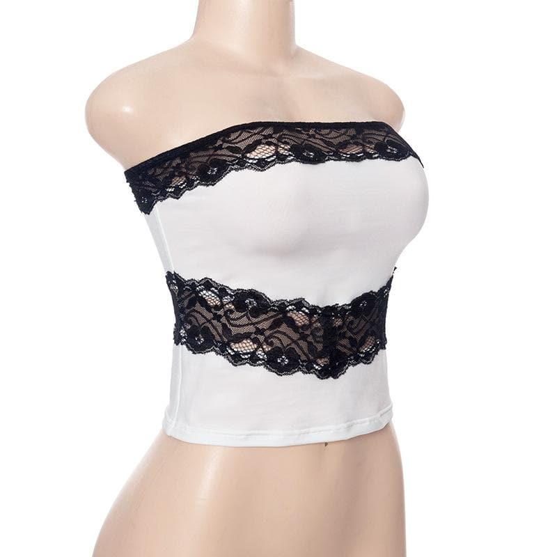 Backless lace hem patchwork contrast tube top