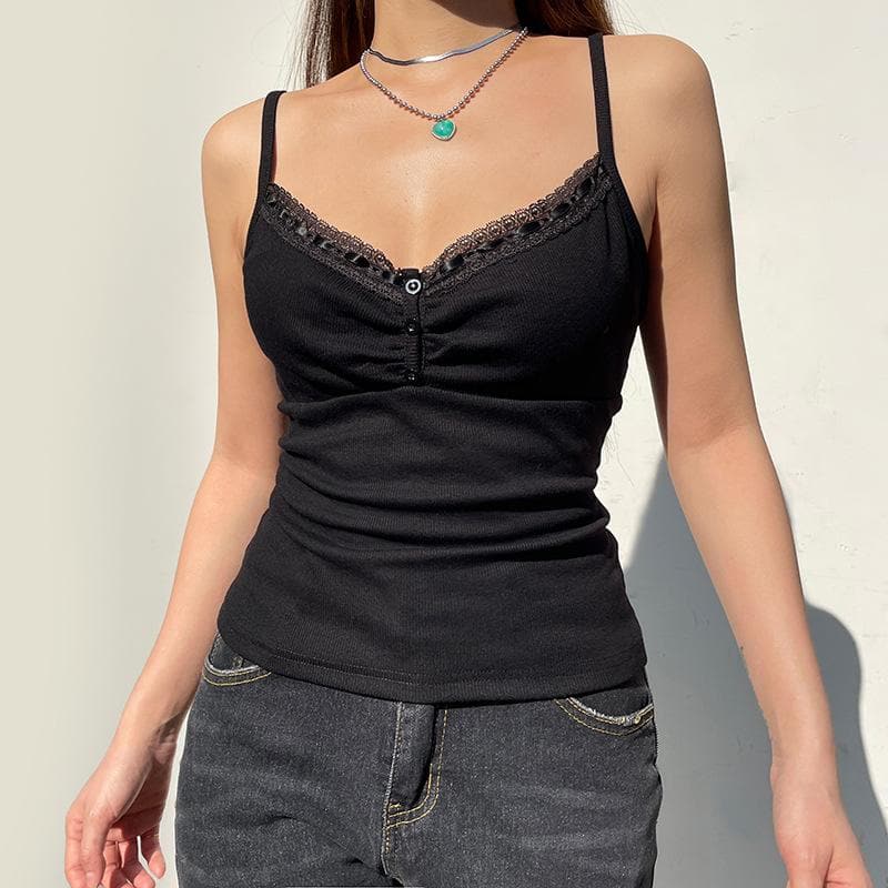 Ribbed solid lace hem v neck button backless cami top