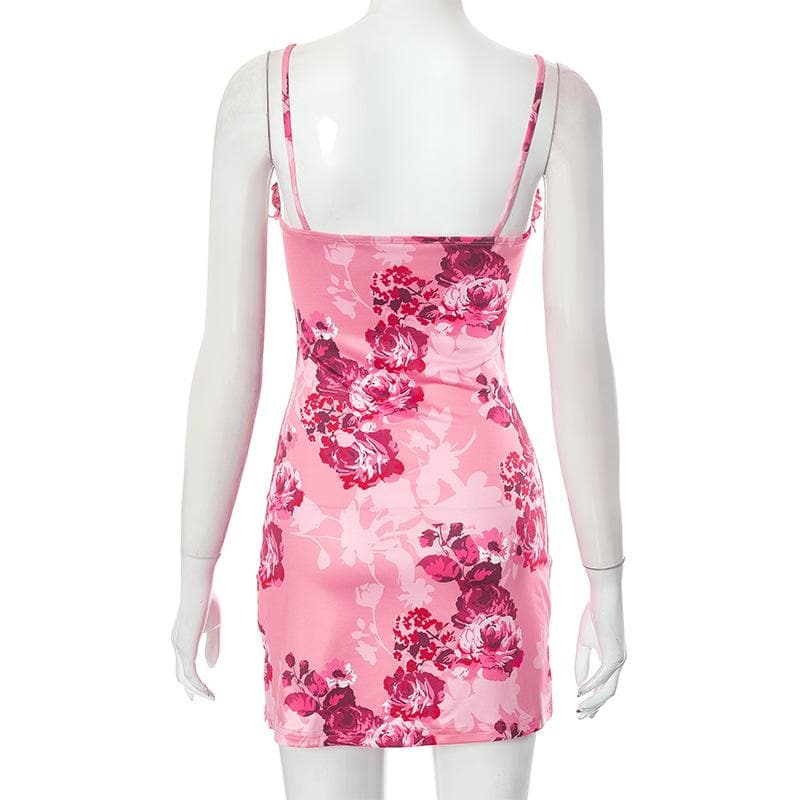 V neck backless hollow out flower print contrast cami mini dress