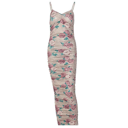 Sleeveless flower pattern v neck ruched backless midi dress