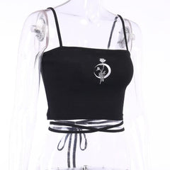 Embroidered ribbed cross tie back crop cami top
