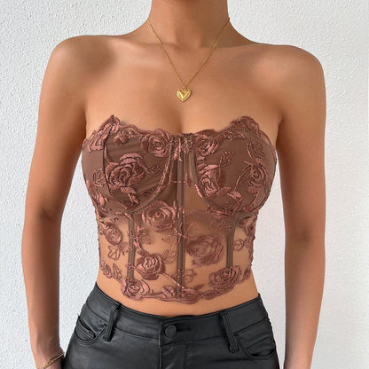 Rose mesh solid button bustier tube top